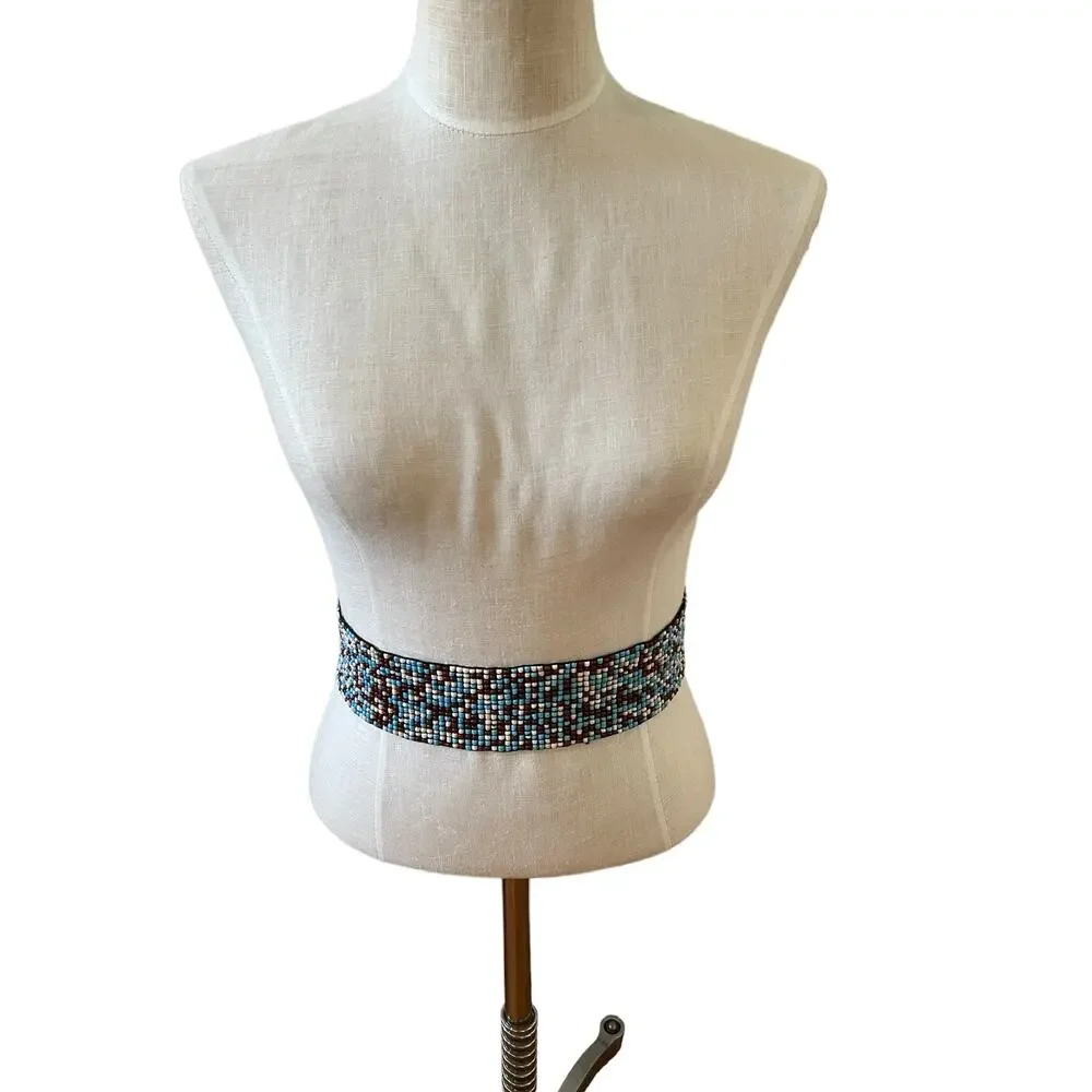 Wide Cinching Beaded Belt Blue Brown White